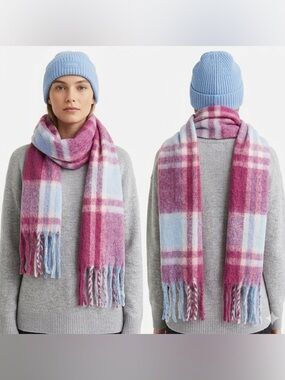 H&M Check Fringe Scarf in Pink and Light Blue